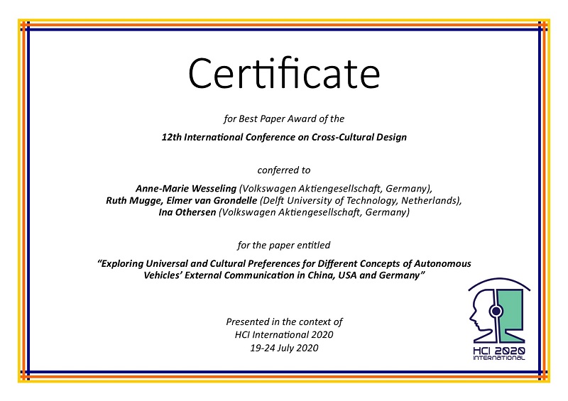 Certificate for best paper award of the 12th International Conference on Cross-Cultural Design. Details in text following the image