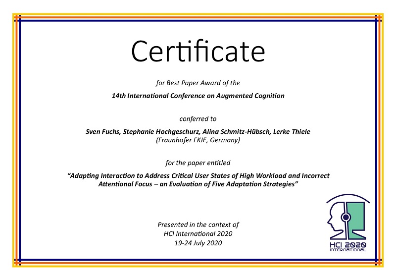 Certificate for best paper award of the 14th International Conference on Augmented Cognition. Details in text following the image
