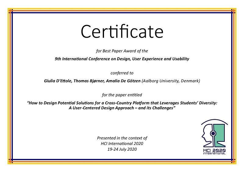 Certificate for best paper award of the 9th International Conference on Design, User Experience and Usability. Details in text following the image
