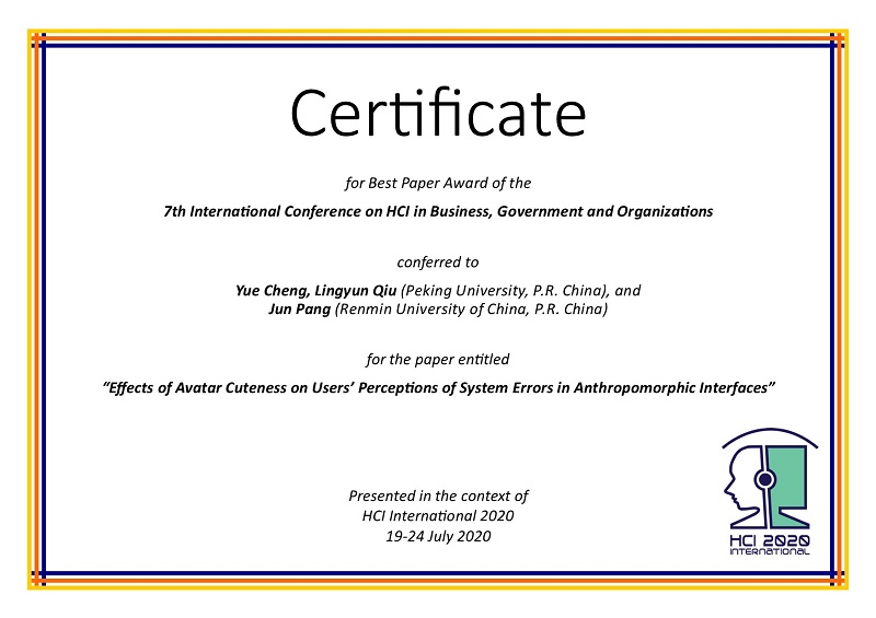 Certificate for best paper award of the 7th International Conference on HCI in Business, Government and Organizations. Details in text following the image