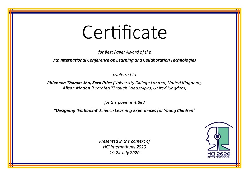 Certificate for best paper award of the 7th International Conference on Learning and Collaboration Technologies. Details in text following the image
