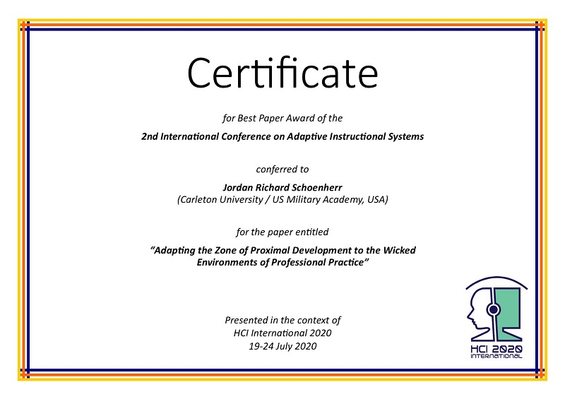 Certificate for best paper award of the 2nd International Conference on Adaptive Instructional Systems. Details in text following the image