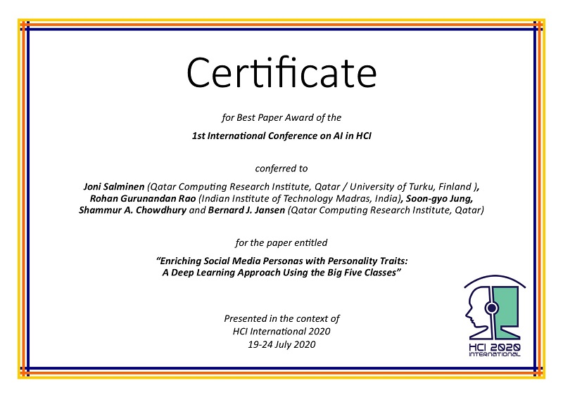 Certificate for best paper award of the 1st International Conference on AI in HCI. Details in text following the image