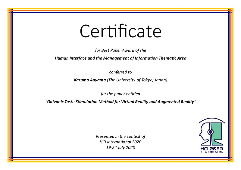 Certificate for best paper award of the Human Interface and the Management of Information thematic area. Details in text following the image