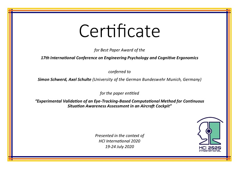 Certificate for best paper award of the 17th International Conference on Engineering Psychology and Cognitive Ergonomics. Details in text following the image