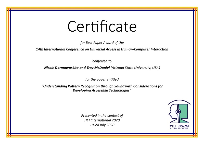 Certificate for best paper award of the 14th International Conference on Universal Access in Human-Computer Interaction. Details in text following the image