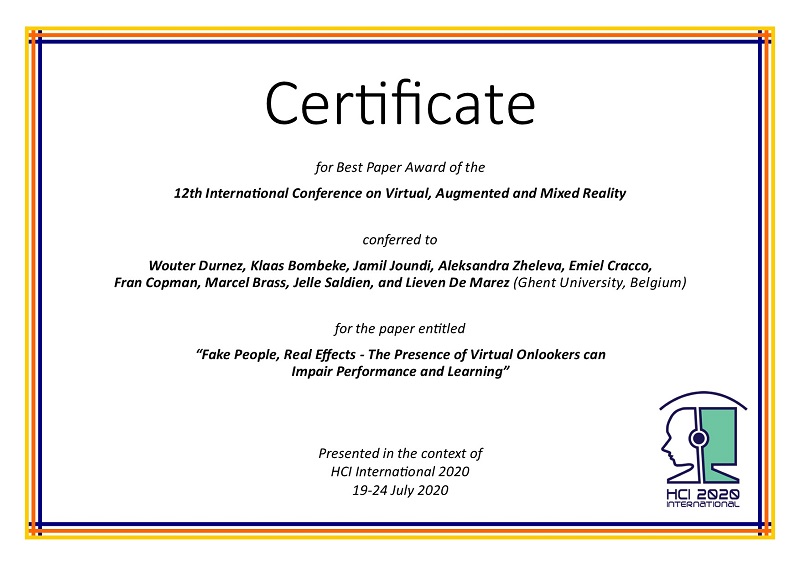 Certificate for best paper award of the 12th International Conference on Virtual, Augmented and Mixed Reality. Details in text following the image