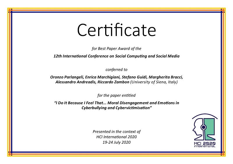 Certificate for best paper award of the 12th International Conference on Social Computing and Social Media. Details in text following the image