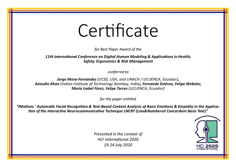 Certificate for best paper award of the 11th International Conference on Digital Human Modeling & Applications in Health, Safety, Ergonomics & Risk Management. Details in text following the image