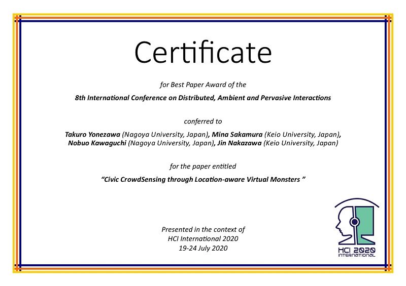 Certificate for best paper award of the 8th International Conference on Distributed, Ambient and Pervasive Interactions. Details in text following the image