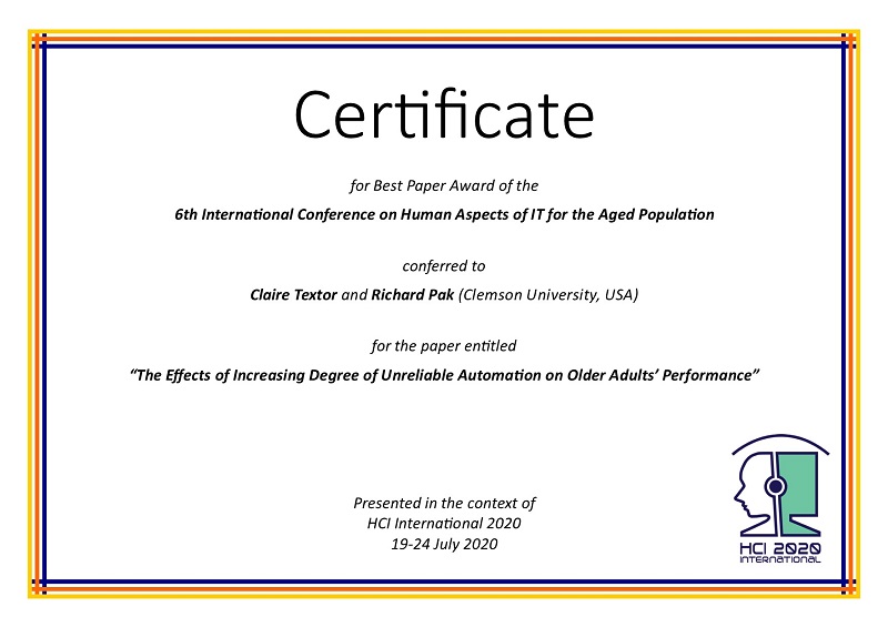 Certificate for best paper award of the 6th International Conference on Human Aspects of IT for the Aged Population. Details in text following the image