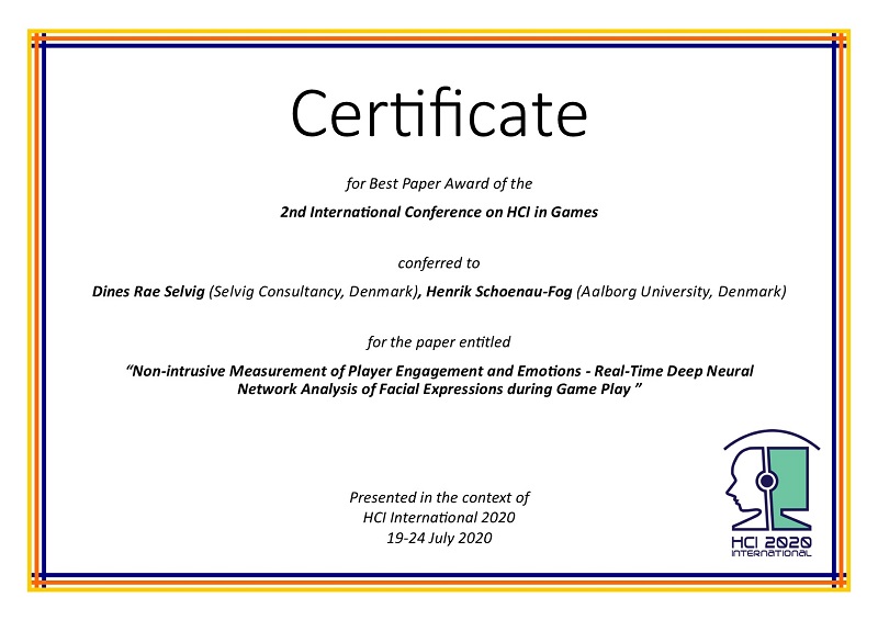 Certificate for best paper award of the 2nd International Conference on HCI in Games. Details in text following the image