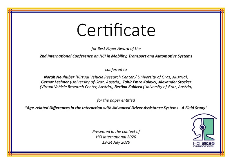 Certificate for best paper award of the 2nd International Conference on HCI in Mobility, Transport and Automotive Systems. Details in text following the image