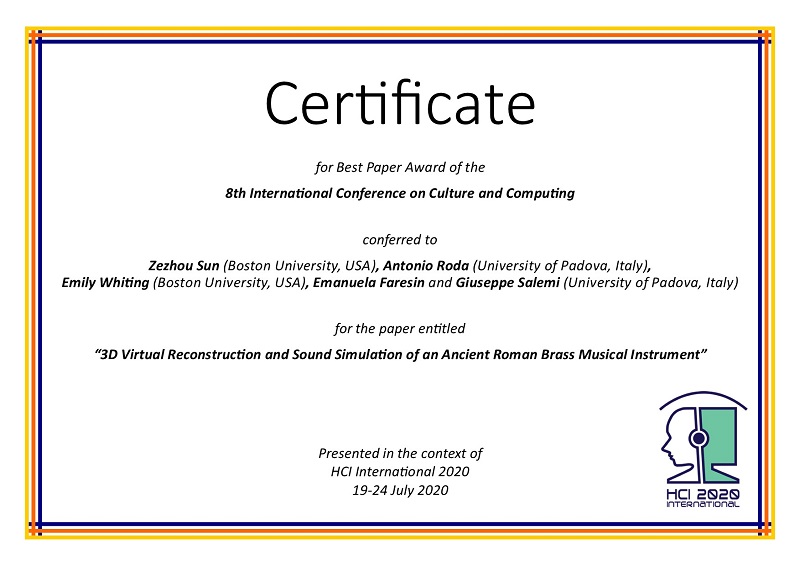 Certificate for best paper award of the 8th International Conference on Culture and Computing. Details in text following the image
